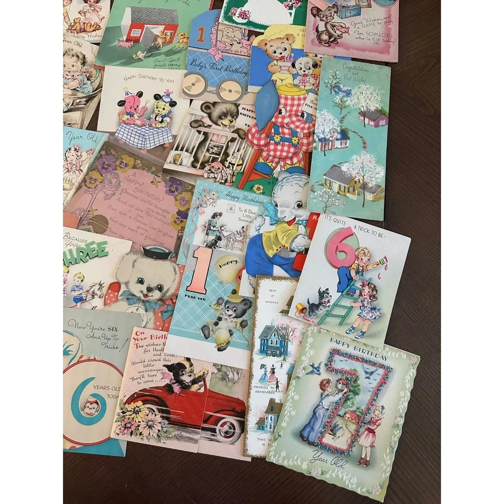 Vintage Birthday Cards Lot Mid Century Childrens Ephemera Animals Ages 1-7 60+pc